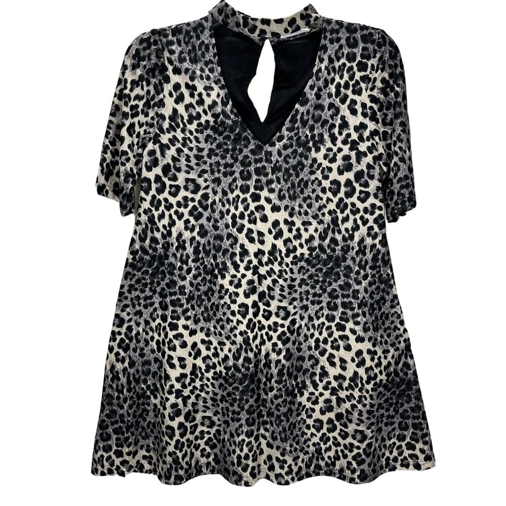 LOVE RICHE Gray Cheetah Print Choker Oversized Flare Mini‎ Dress Sz Medium